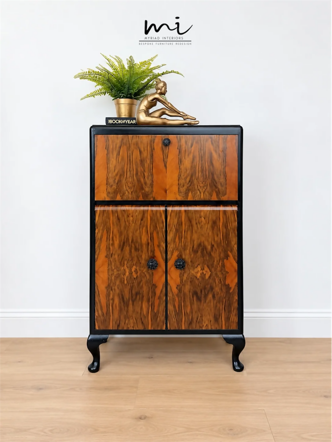 Art Deco Burl Walnut Petit Cocktail Cabinet, Black and Gold, Vintage Drinks Cabinet