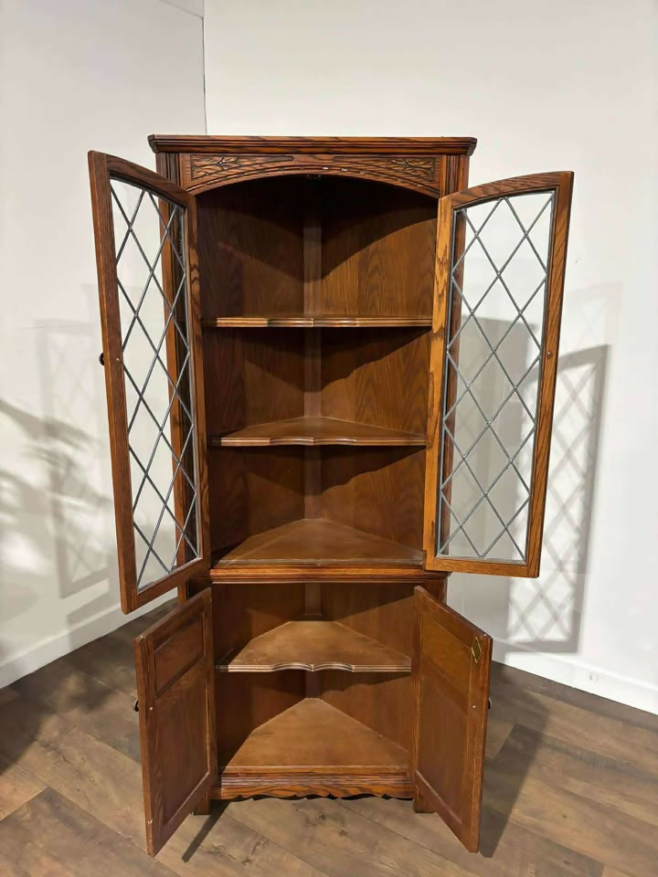 Old Charm Priory Style Corner Cupboard with Leaded Glass Doors