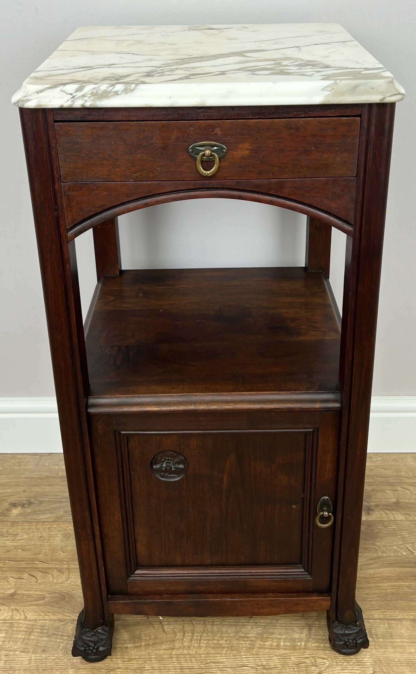 Bedside Table Antique French Style Marble Top Walnut Cabinet Nightstand LOT 6239