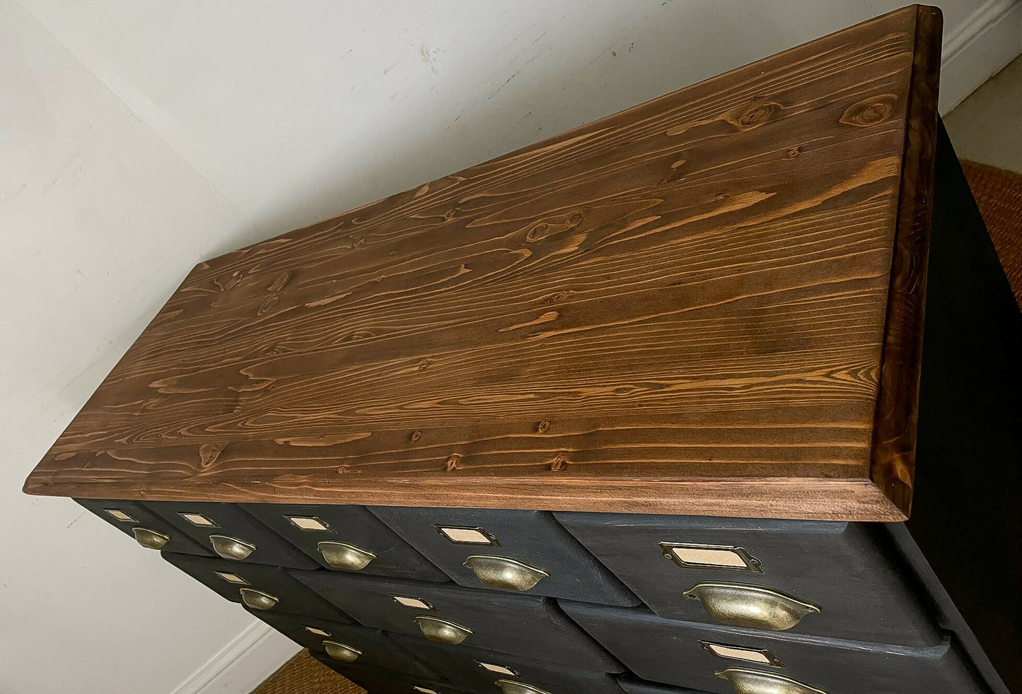 4ft Apothecary haberdashery "style" merchant bank chest of drawers sideboard Solid pine ebonized black x13 drawers