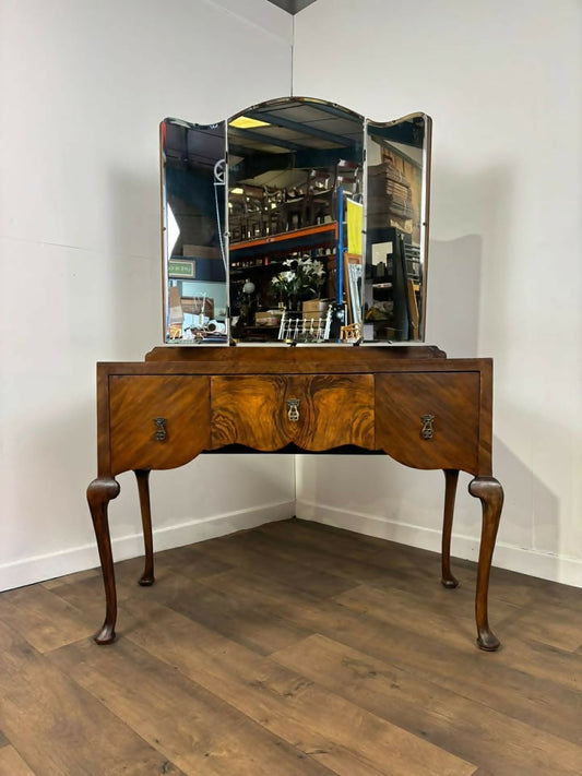 Vintage Walnut Veneered Triptych Mirror Dressing Table
