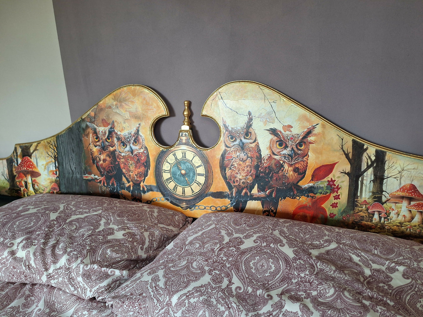 “Sleepy Owls” King Sized Mahogany Bed Head