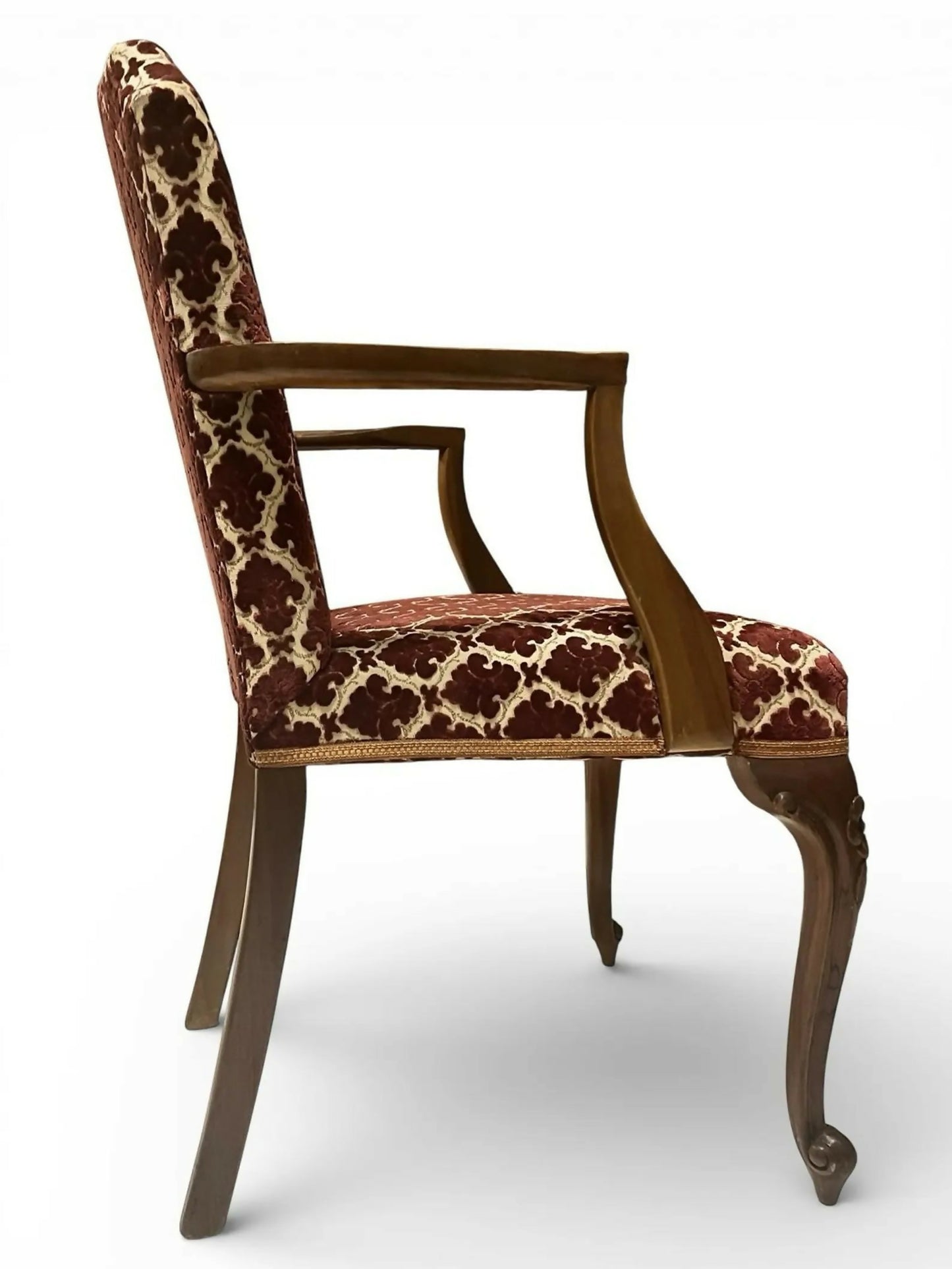 Antique Upholstered Armchair 93cm High 57cm Wide Red Pattern Fabric Wooden Frame