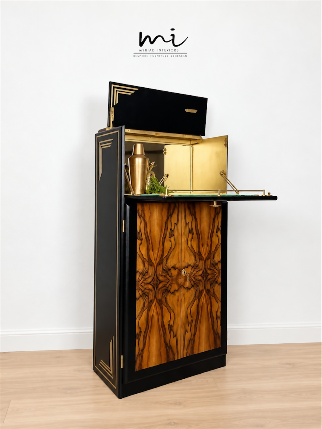 Refinished Art Deco Burl Walnut Cocktail Cabinet In Black With Gold Design. 1930s drink cabinet. Gin bar. Refurbished. sideboard slim narrow