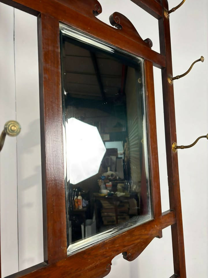 Vintage Oak Hall Coat Stand with Mirror & Storage