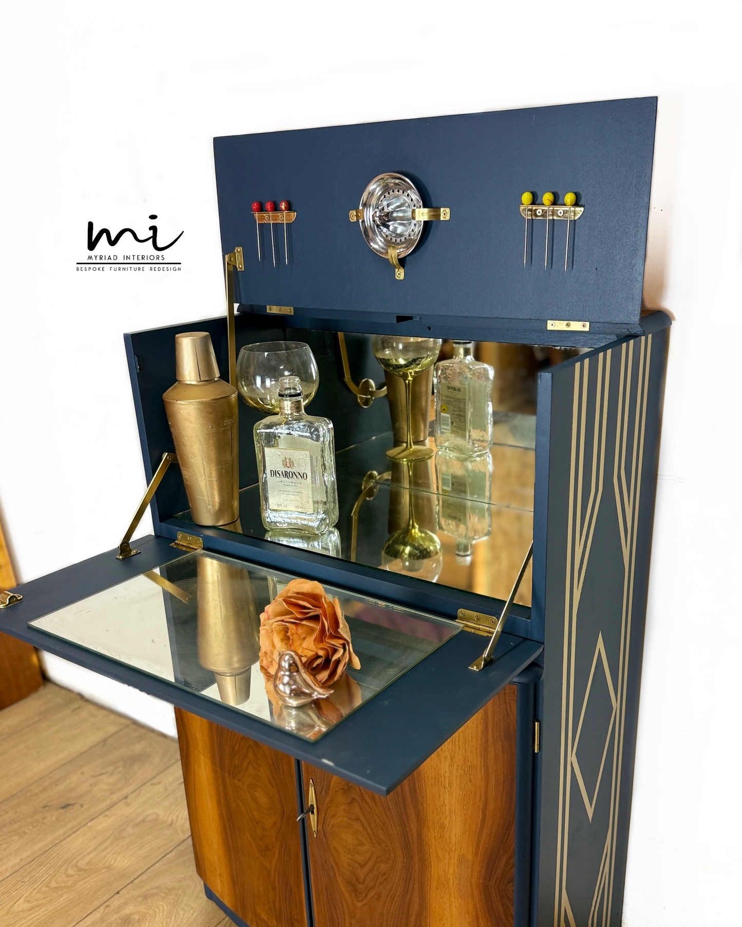 SOLD commissions available Navy Blue and Gold Art Deco Walnut Drinks Cabinet, cocktail cabinet, bar, sideboard, refurbished
