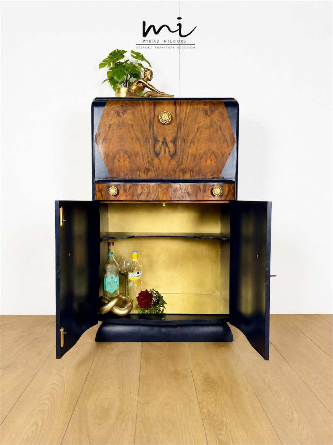 Navy Blue And Gold Art Deco Burl Walnut Cocktail Cabinet, Drinks Cabinet