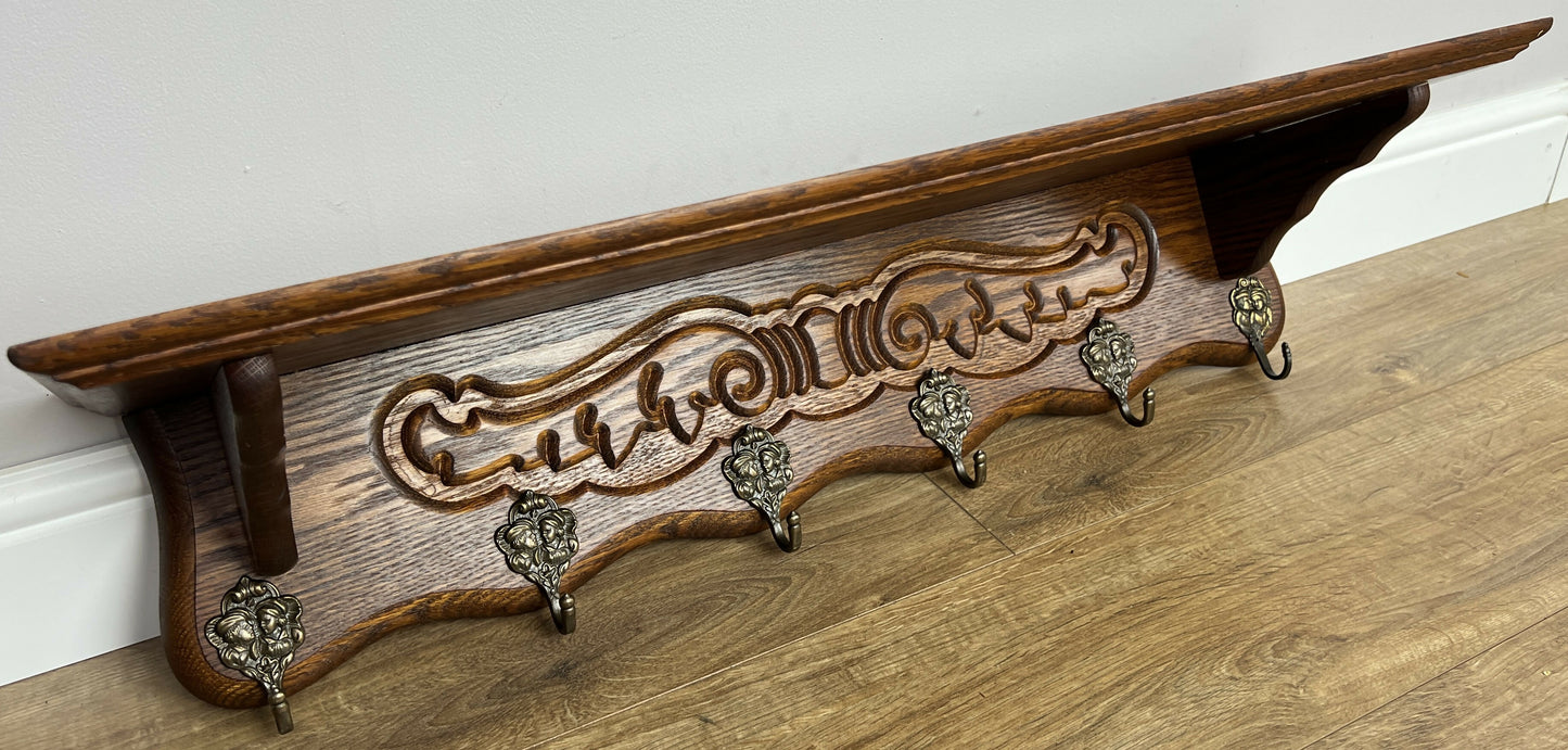 Coat Rack Vintage French Carved Oak Wall Mounted 6 Hooks Rack Hanger LOT 6368