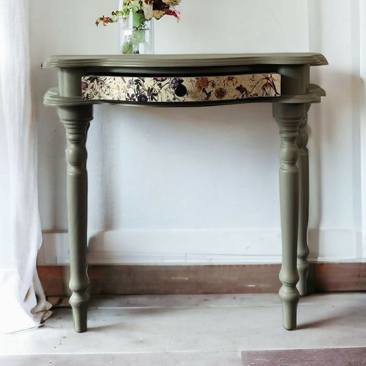 Country pine hall table green, rustic farmhouse console table with drawer, small vintage dressing table