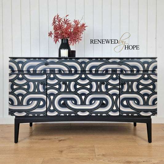 Mid Century Sideboard with black and white wallpaper design (1)