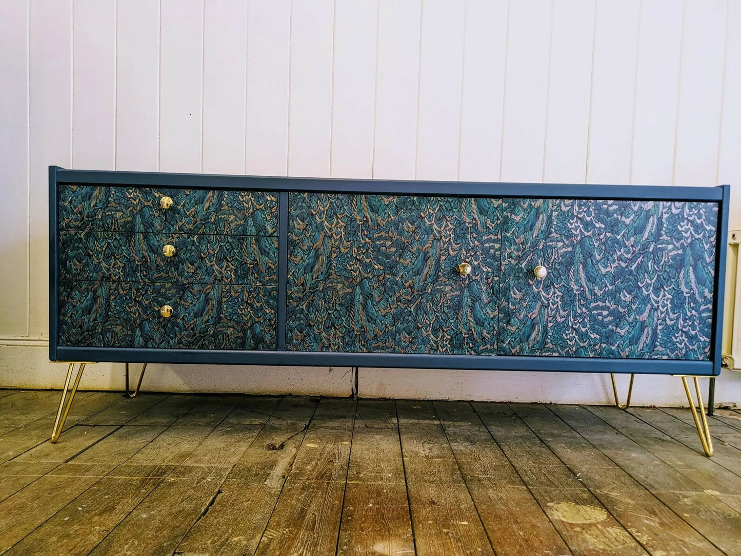 G Plan Midcentury Sideboard TV Unit Cocktail Cabinet. Upcycled Painted Blue,Teal Gold Living Room Furniture