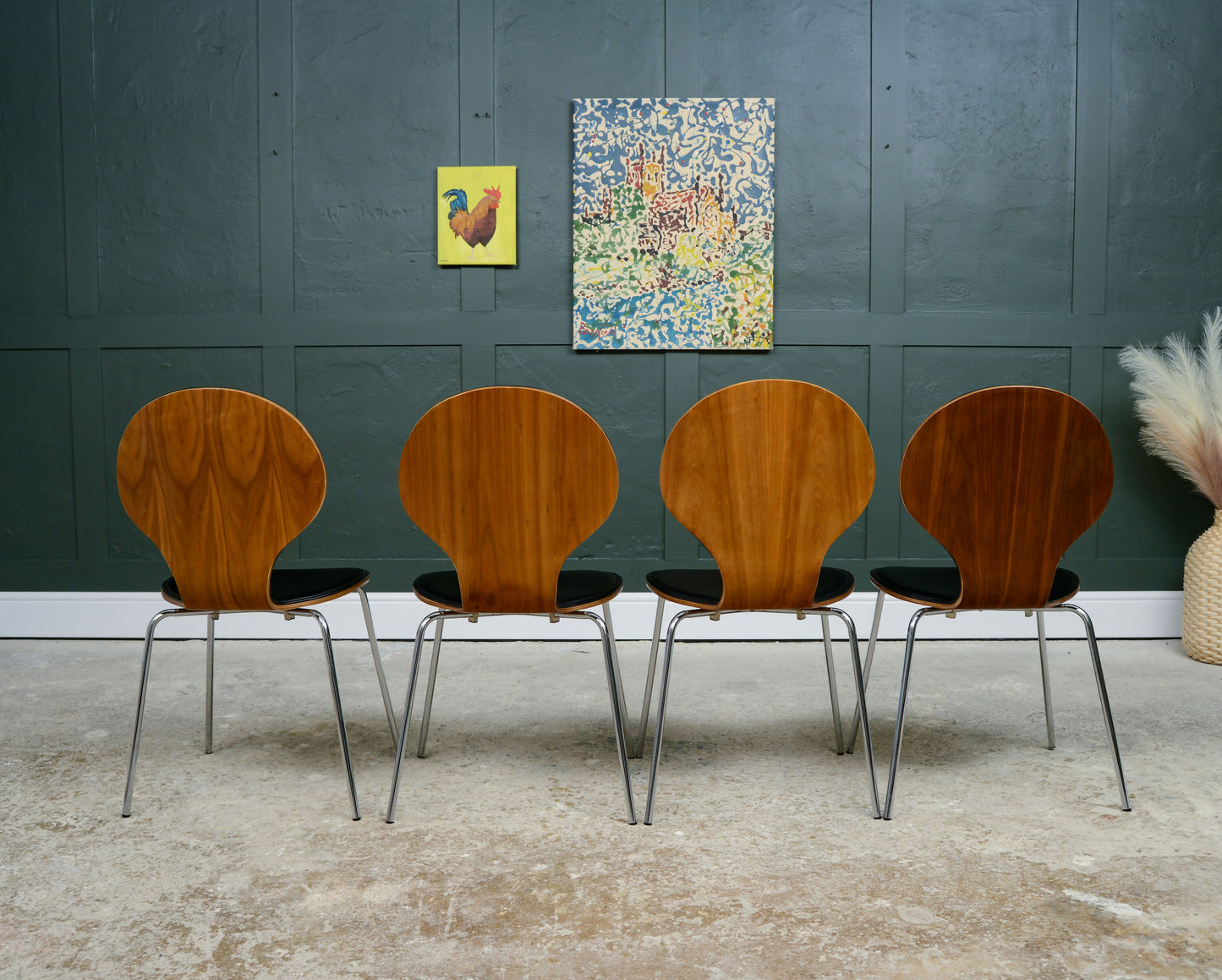 4 Dwell Bentwood Dining Chairs - Black Leatherette Seats - MCM Style