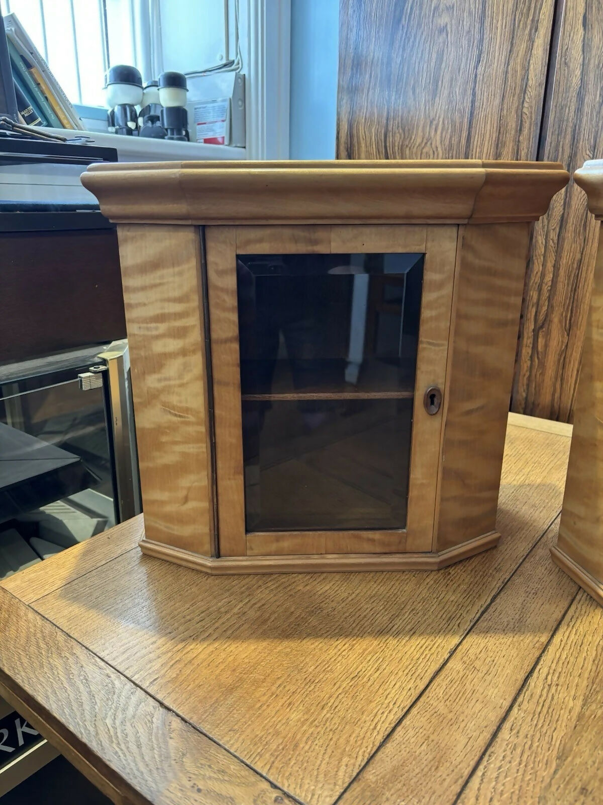Satinwood Table Or Wall Small Vintage Display Cabinets. Lock & Key, Bevelled Glass