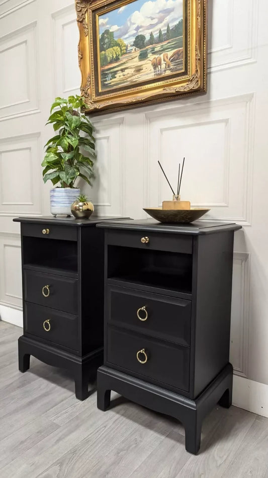 Black Stag Minstrel Pair Of 2 Drawer Narrow Bedside Tables