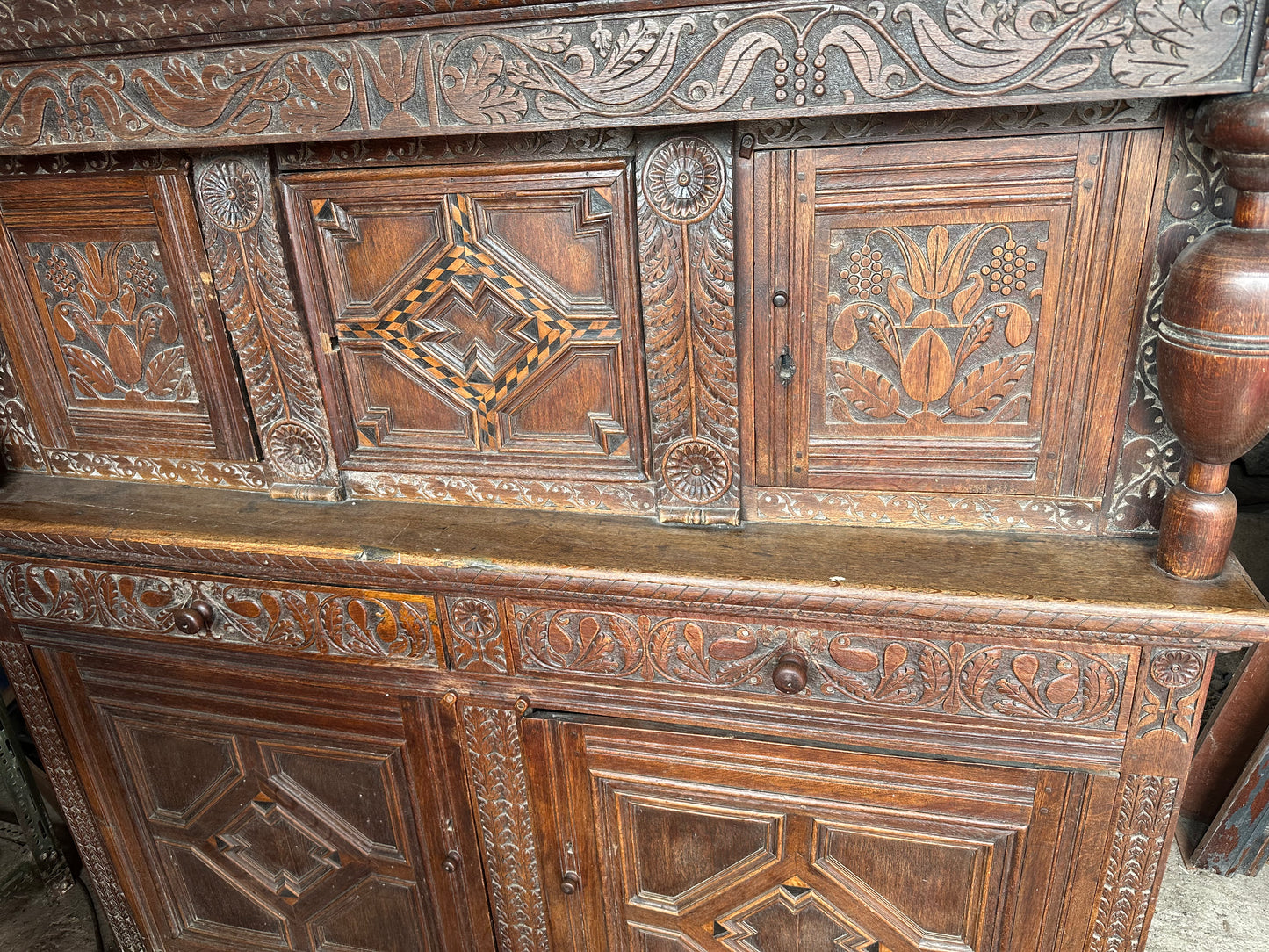 Heavily Carved Antique Court Cupboard