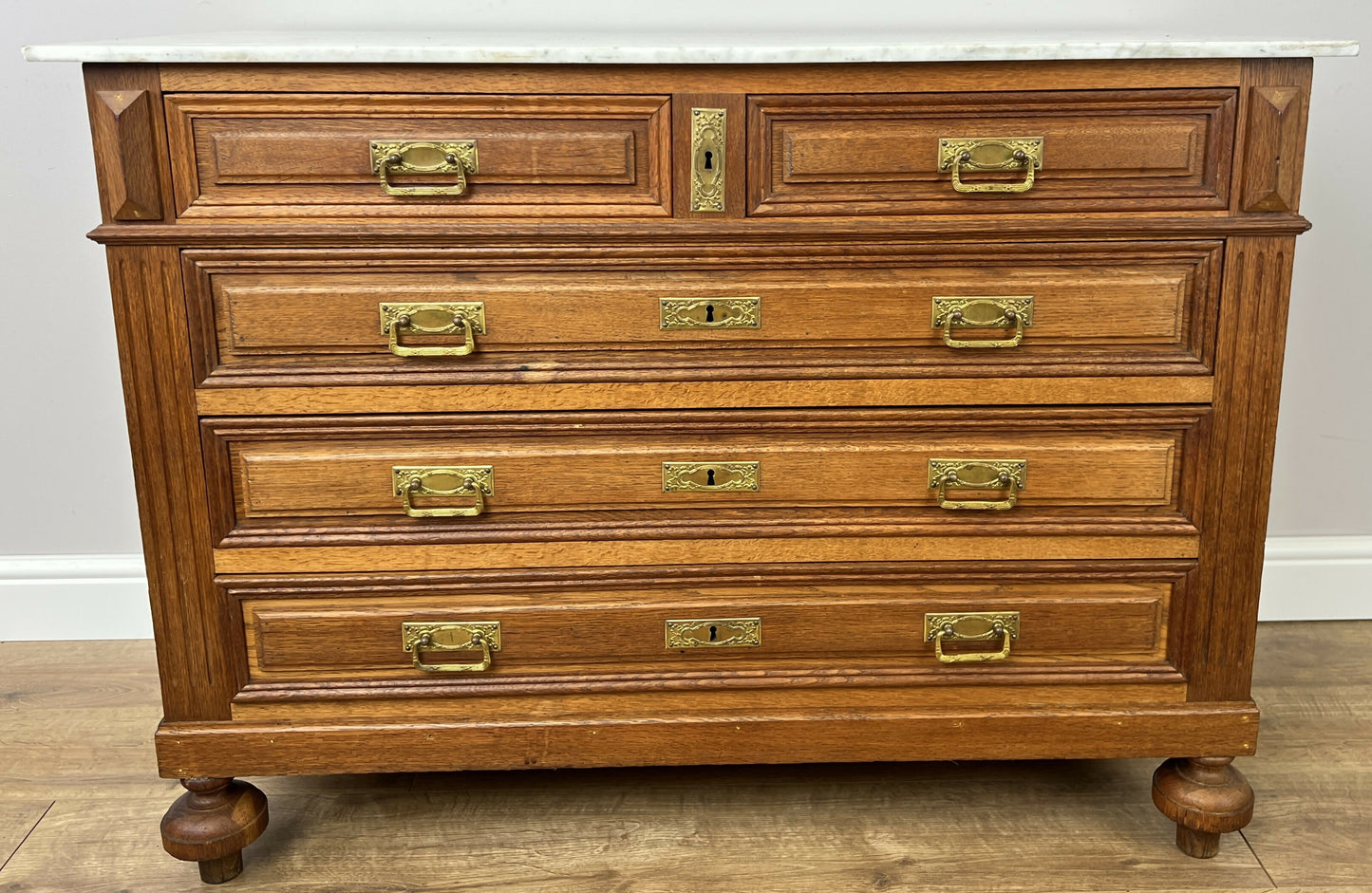 Chest of Drawers Antique French Style Oak Marble Top Carved Cabinet LOT 6448