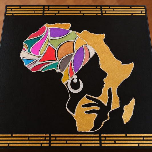 THE AFRICAN ASPECTS UPCYCLED - ONE-OFF FURNITURE ART Black table with stunning African woman/map feature -Giving furniture a second life with soul