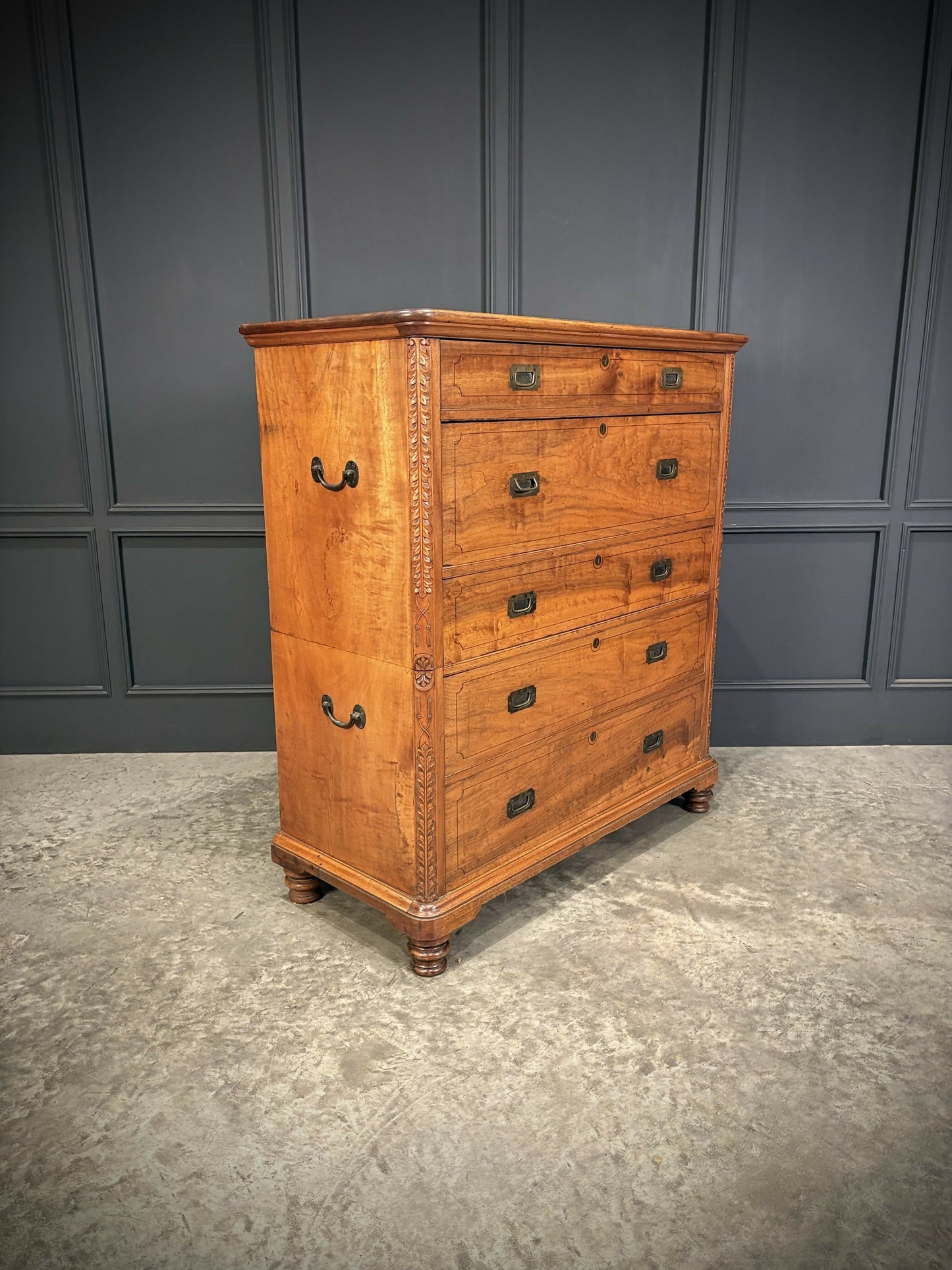 19th Century Camphor Wood Military Campaign Secretaire Chest