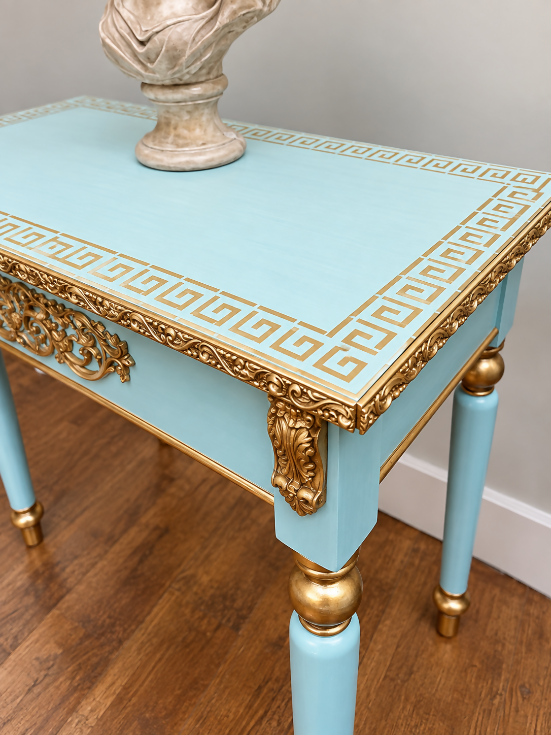 Neoclassical Grecian Console Table in Turquoise Blue & Gold Gilt