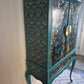 Exquisite Edwardian Cocktail Cabinet Luxury Upcycled – Teal & Peacock Decoupage, Mirrored Bar with LED & Gold Interior
