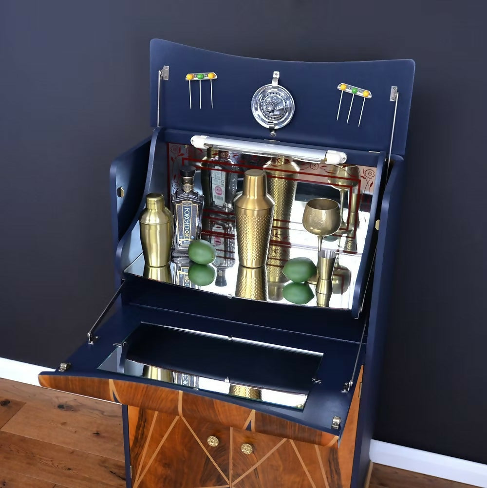 "Stellar", Art Deco Cocktail Cabinet,Burr Walnut, Navy and Gold Art Deco Style,