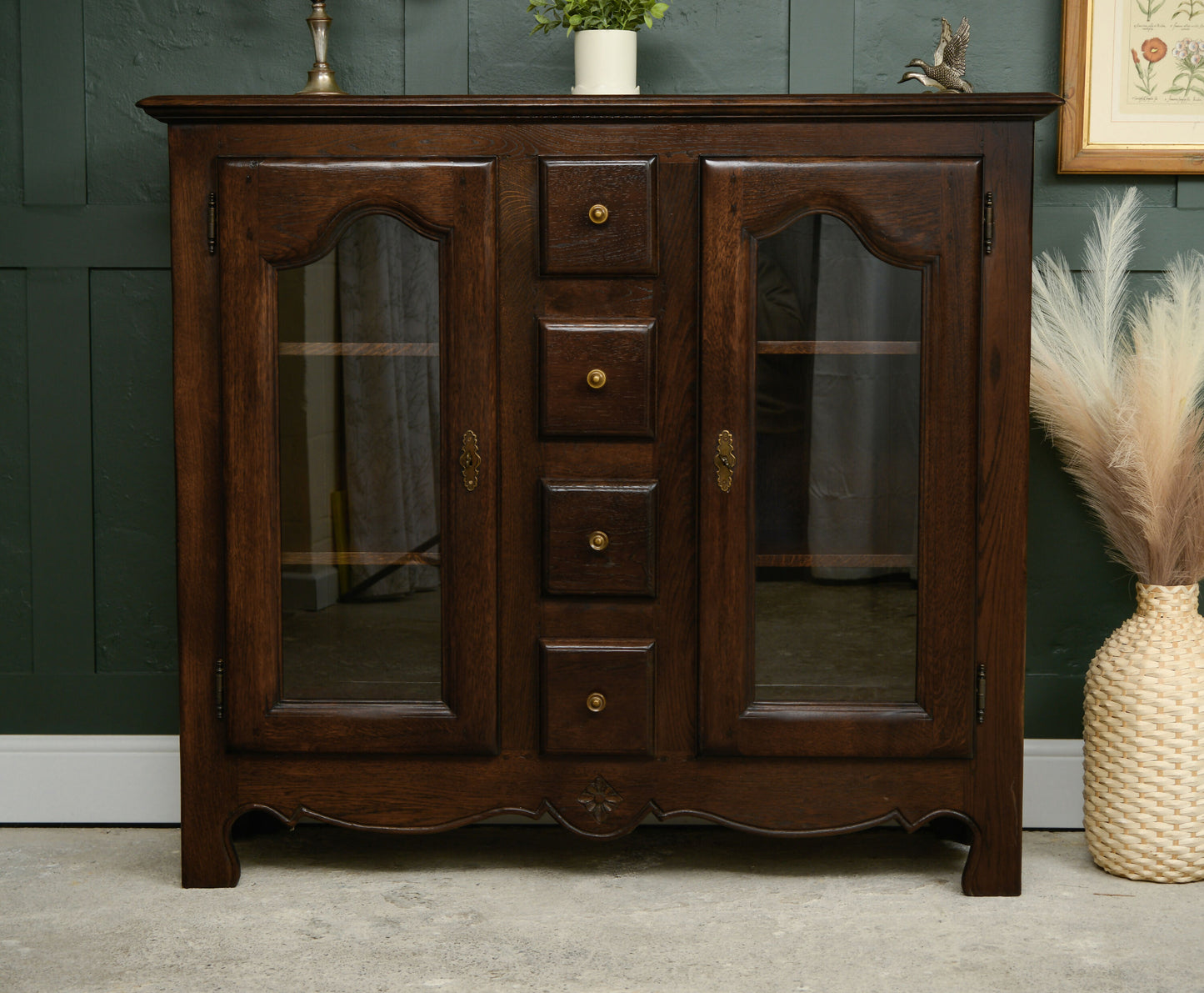Solid Dark Oak Glazed Bookcase/Display Cabinet with Drawers - Ludwik Styl