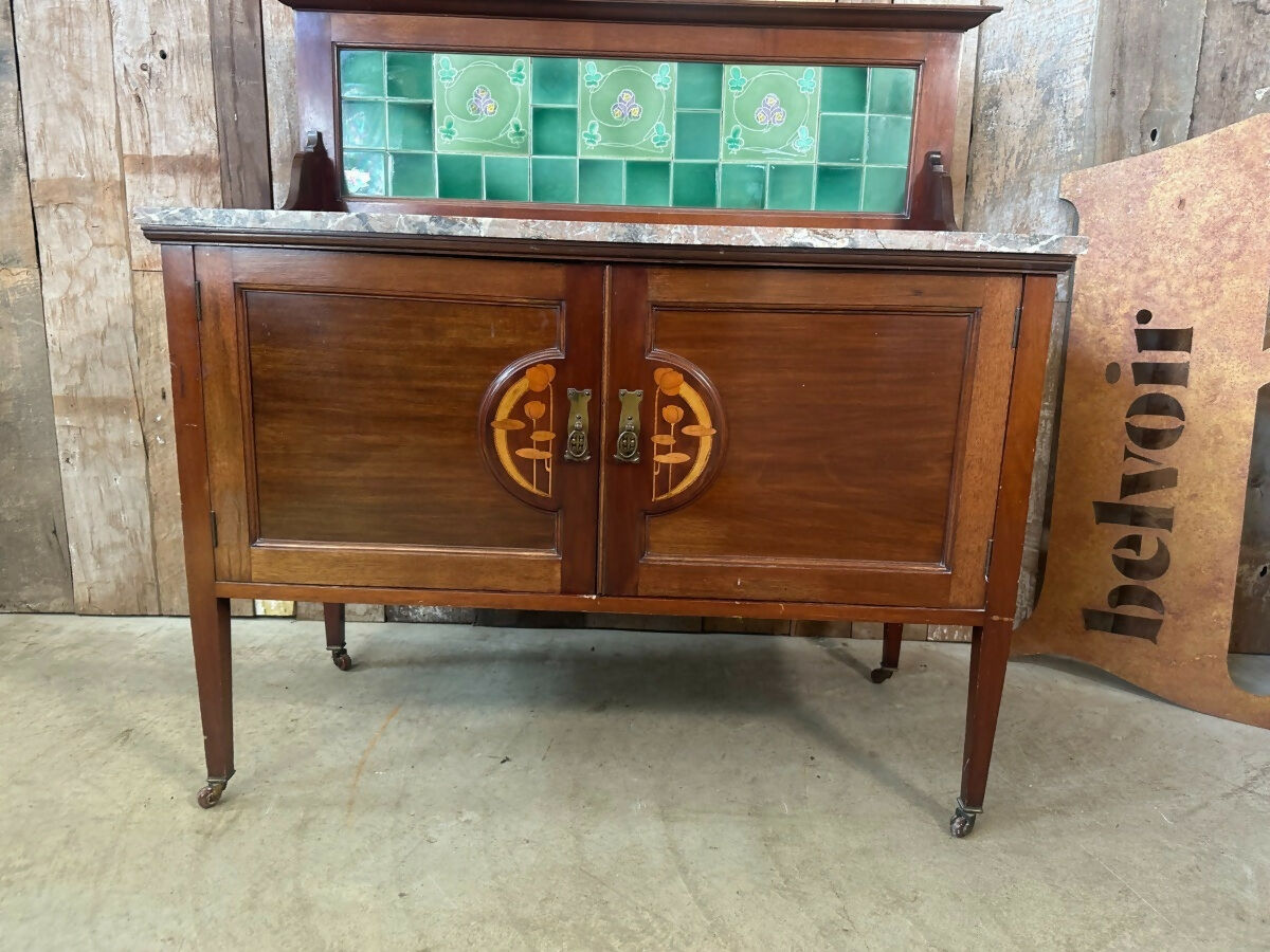 Antique Art Nouveau Three Piece Bedroom Suite, Dressing Chest, Double Wardrobe, Marble Washstand, c 1900