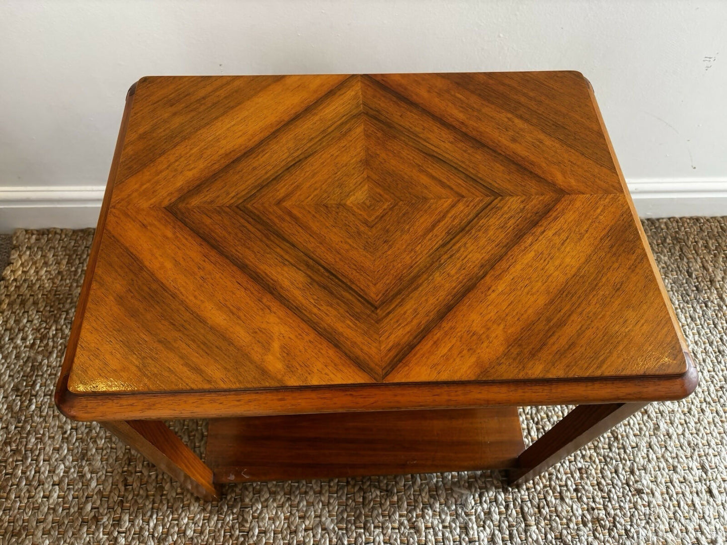 Mid Century Chevron Side Table Teak Veneer Geometric Top Vintage 1960s Lamp VGC