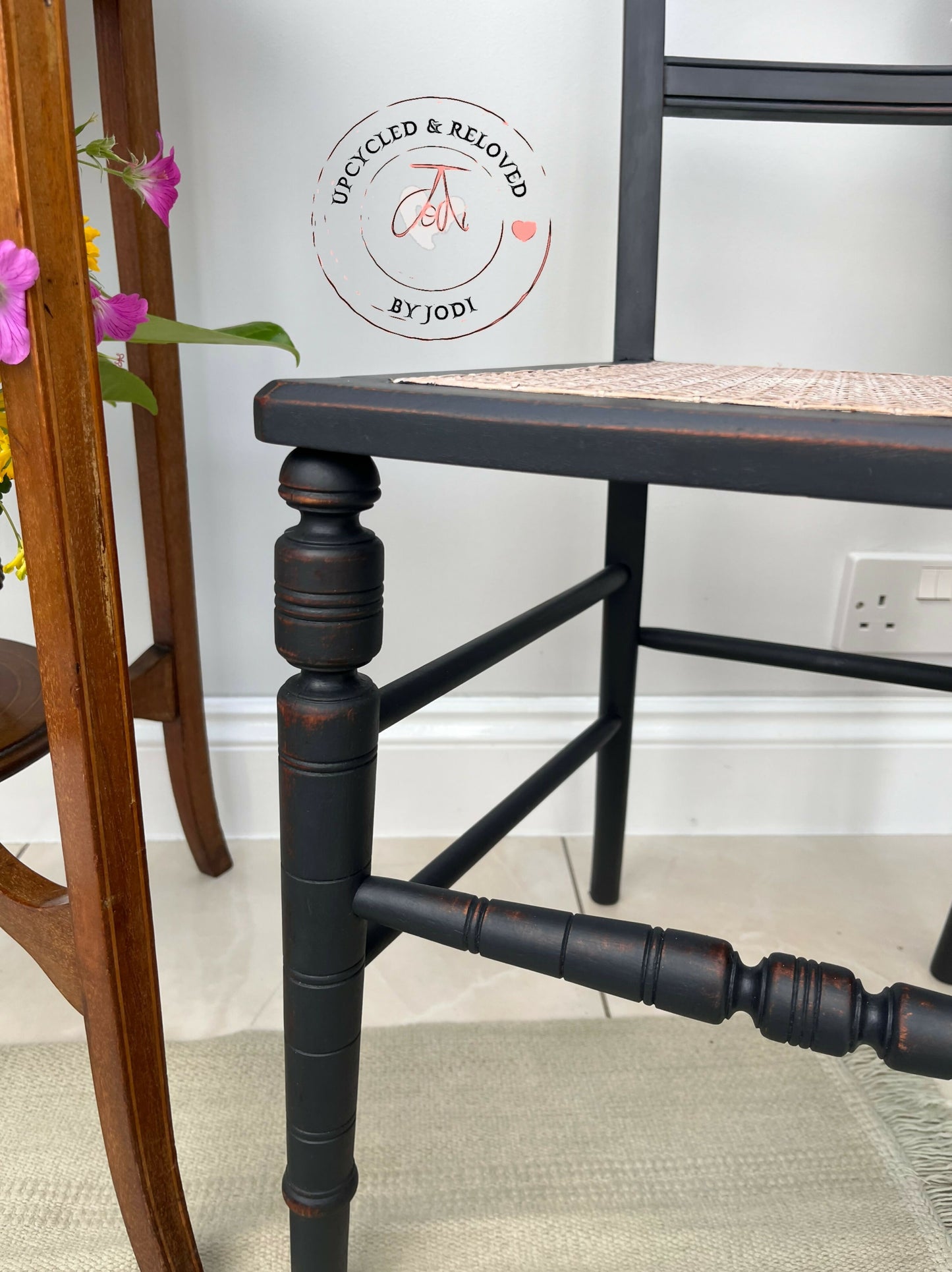 Edwardian chairs with rattan seats, lightly distressed in Ash Black- PAIR OF 2 CHAIRS