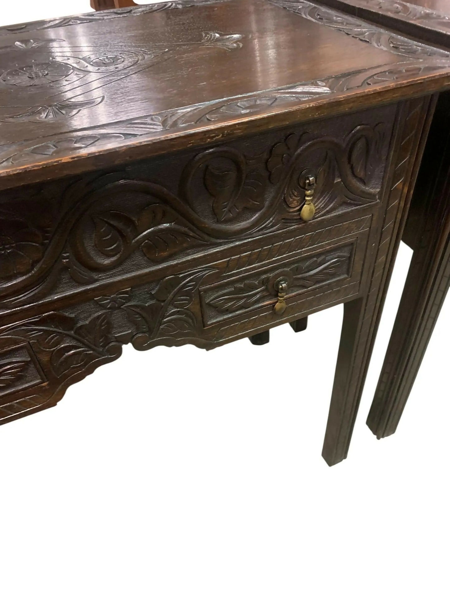 Antique Oak 19th C Gothic revival side tables chest of drawers