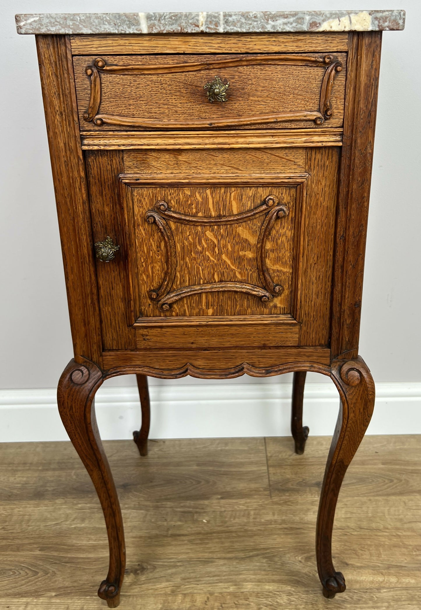 Bedside Table Antique French Marble Top Oak Cabinet Carved Cupboard LOT 6394