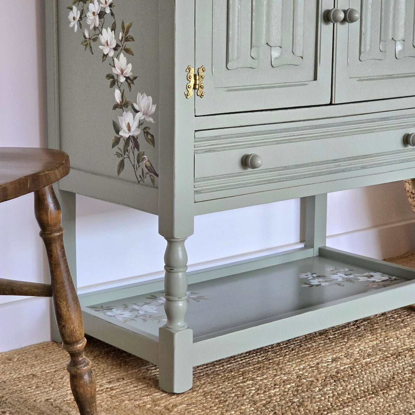 Upcycled Vintage Jaycee Linenfold Oak Sideboard, Cabinet in Sage Green