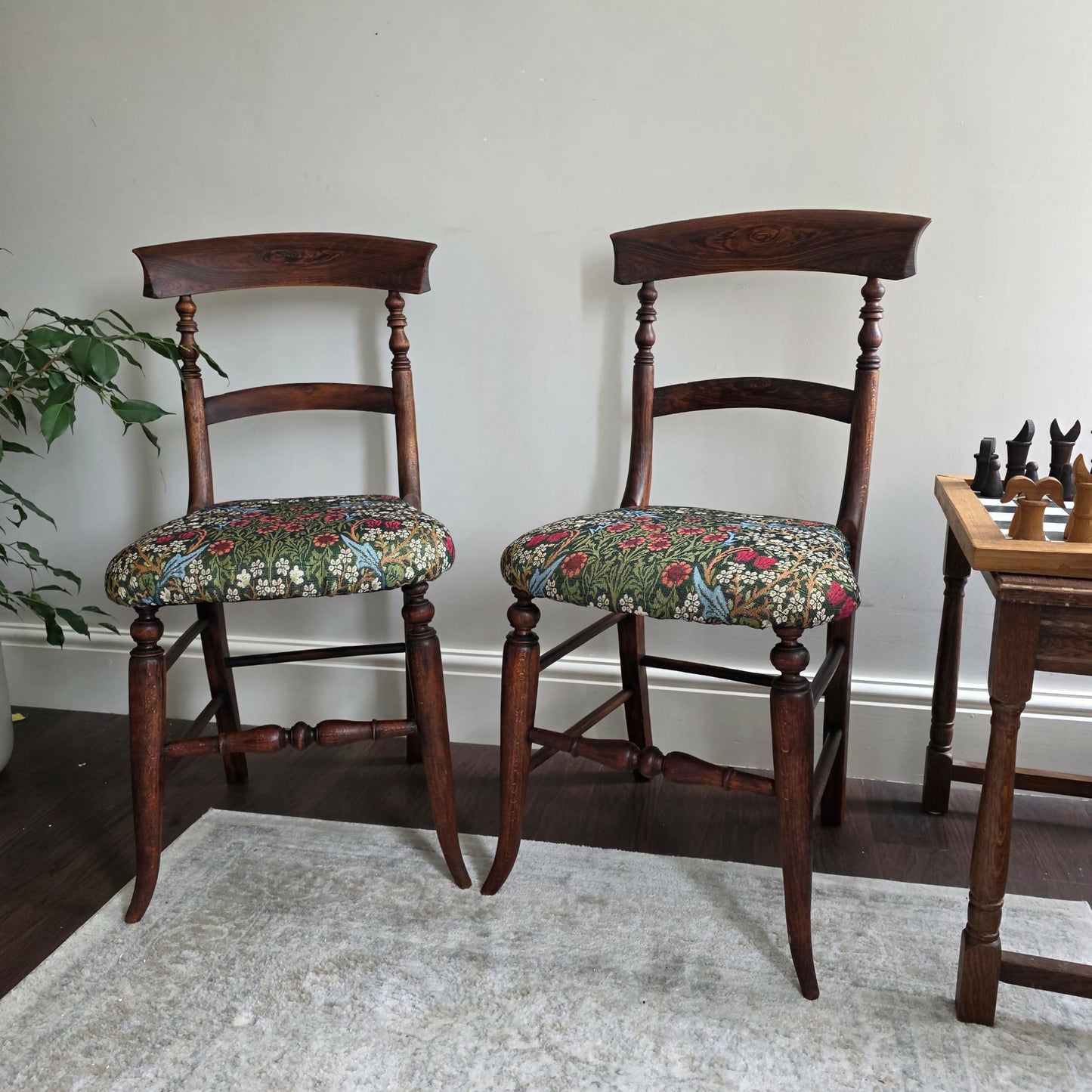 Beautiful Pair Of Victorian Oak Chairs Reupholstered Seats in a William Morris 'Blackthorne' Tapestry Fabric'