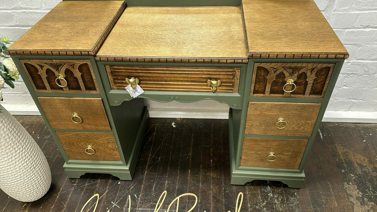 Beautiful Vintage Oak Linenfold Carved Old Charm Dressing Table And Mirror Green Gold