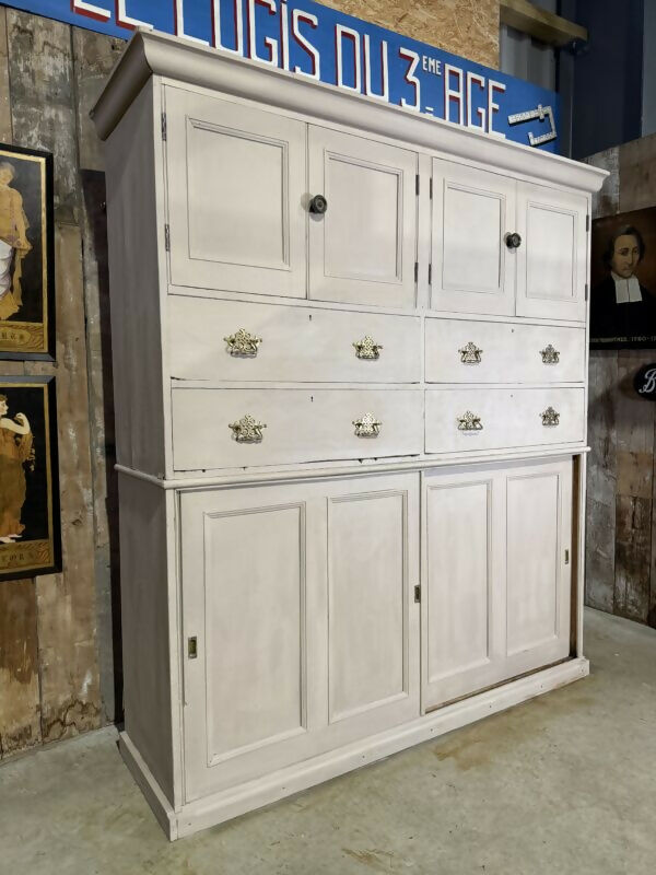 Antique Large Victorian Estate Housekeeper Painted Pine Sliding Door Drawers Cupboard, c.1870