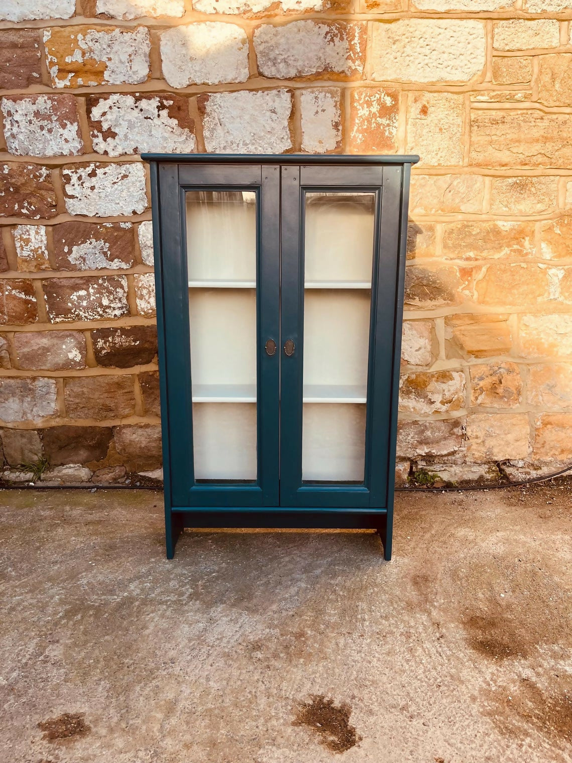 Vintage Glazed Display Cabinet | Hand Painted Teal Green Cupboard | Upcycled Wooden Bookcase | Cottage Kitchen Storage
