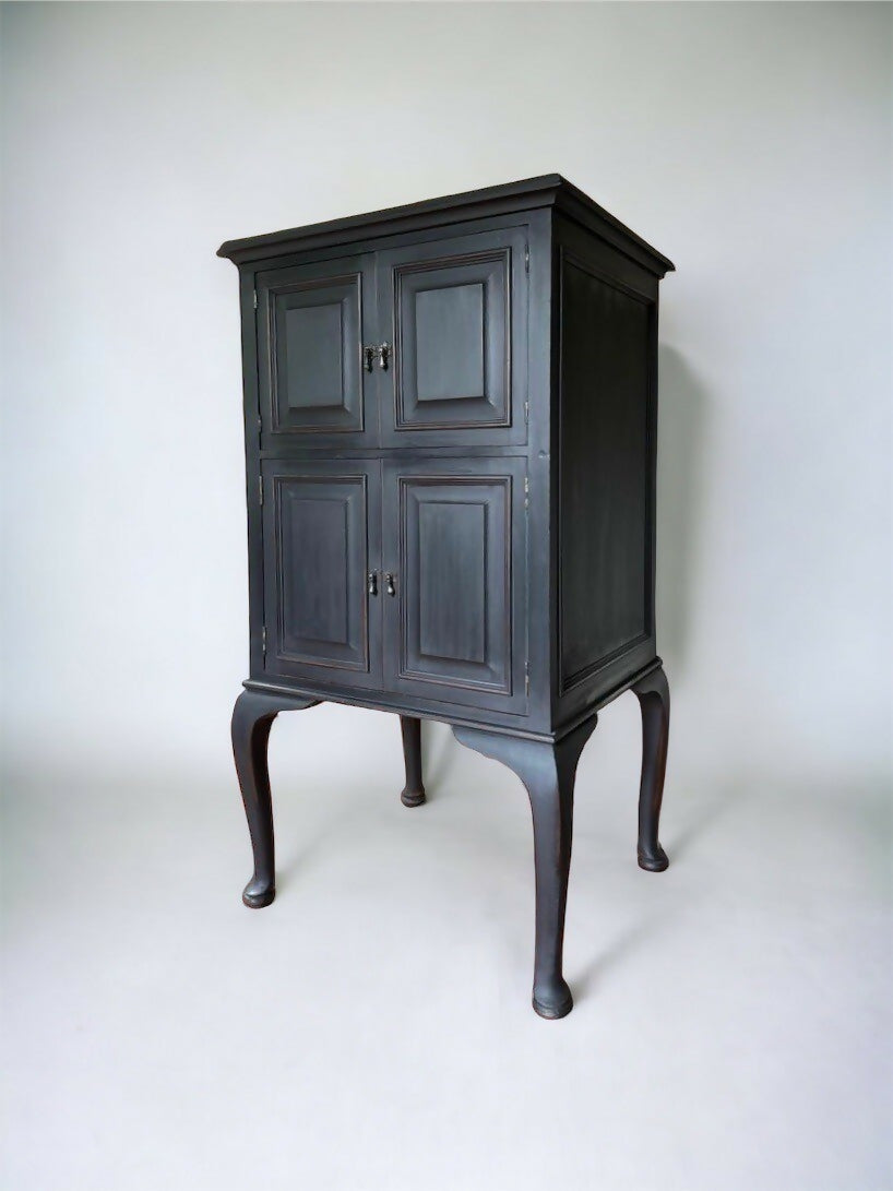 Vintage Solid Mahogany Lift Top Black Painted Music Stereo Cupboard Cabinet