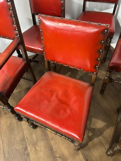 Vintage Set of Six Oak Framed Red Leather Dining Chairs