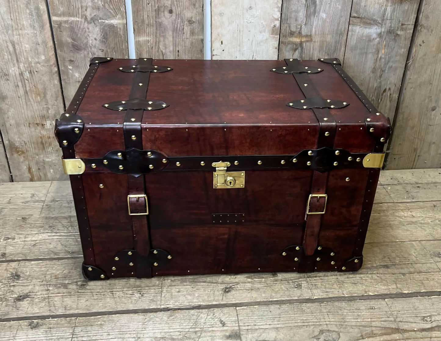 Genuine Bridle Leather Hand Dyed Belted Chestnut Brown Coffee Table Trunk