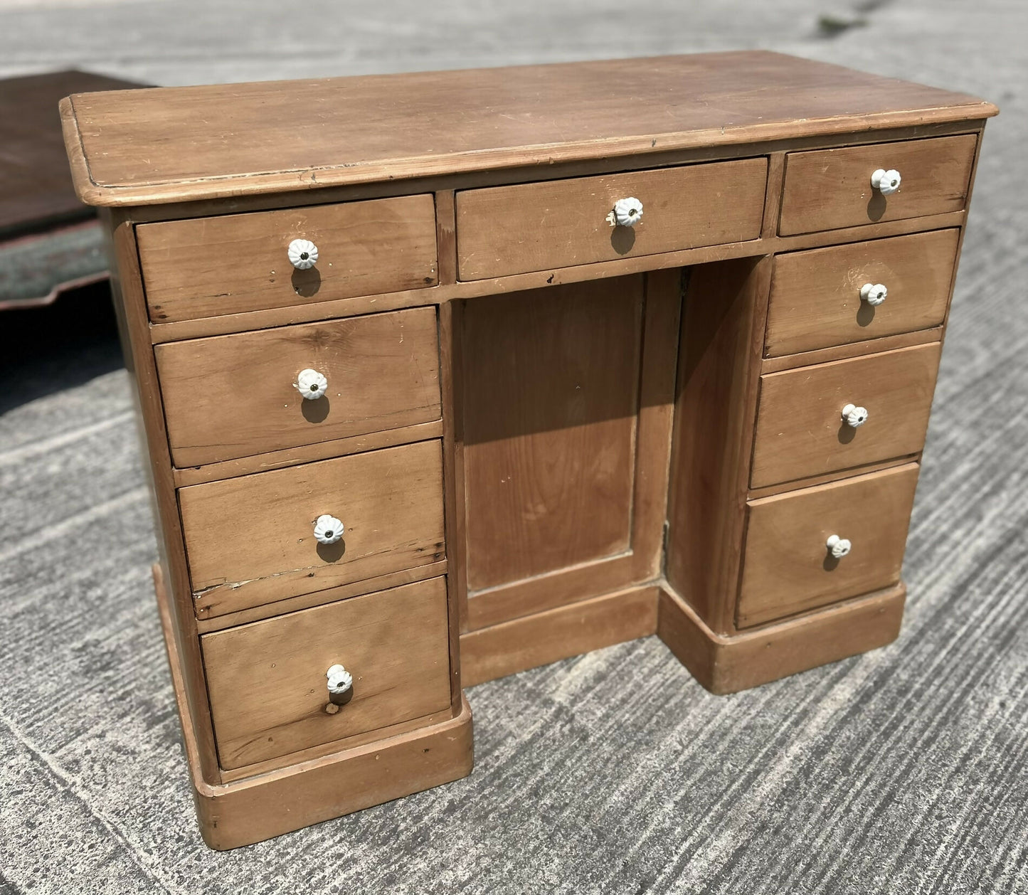 Antique Victorian Pine Kneehole Writing Office Desk With Central Cupboard