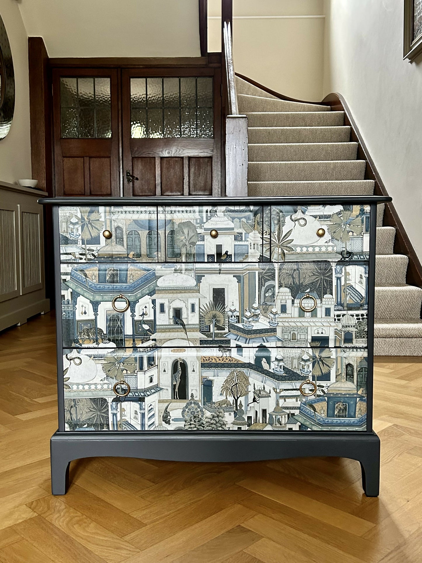 Chest of Drawers. Mid Century Modern. Stag Minstrel. Handpainted and decoupaged.