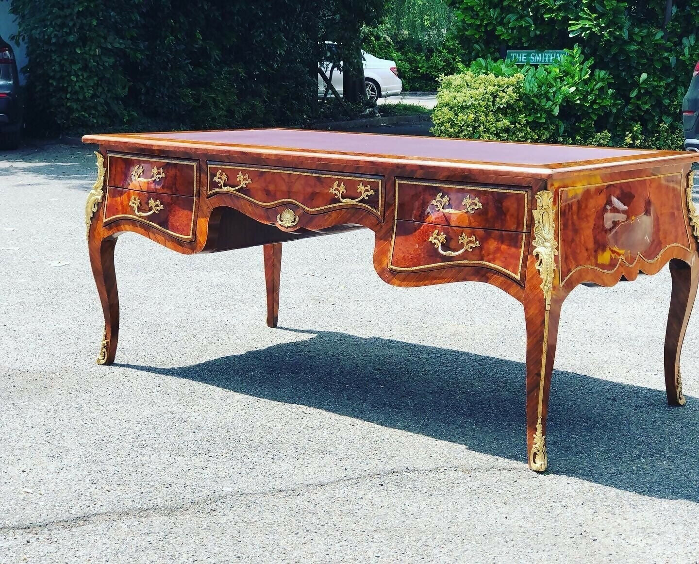 French Empire Style Large Inlaid Kingswood Desk With Brass Decoration