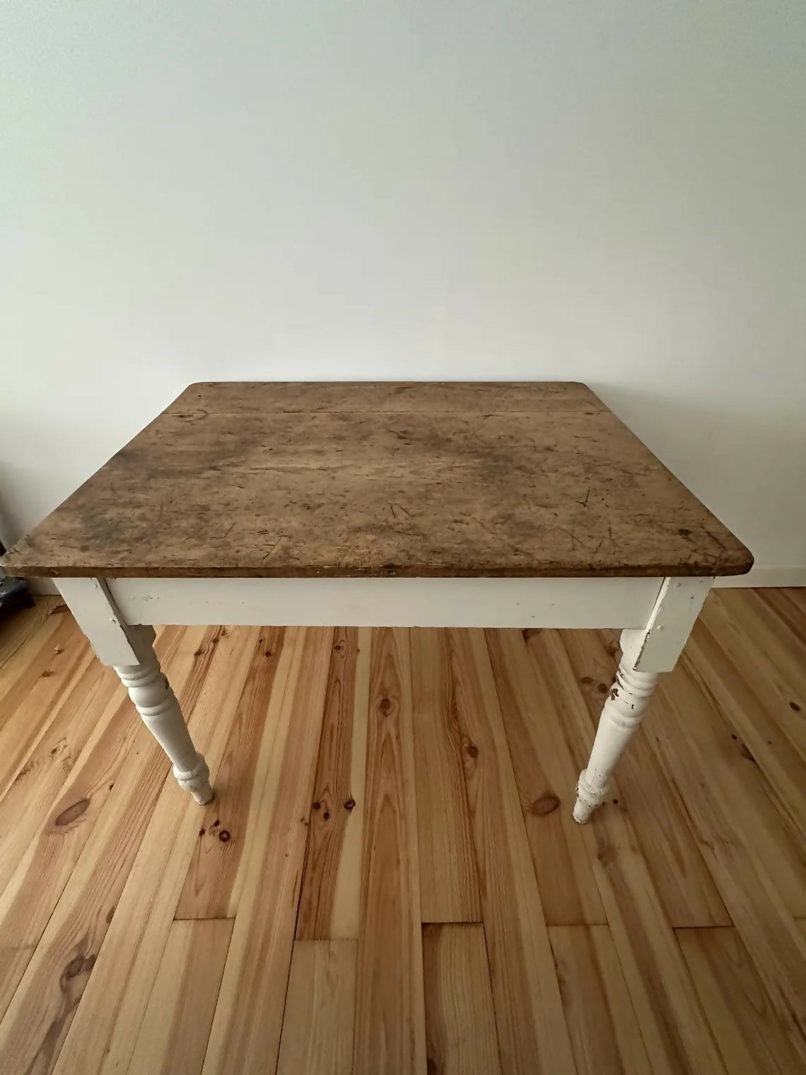 Antique Pine Farmhouse Kitchen Table Scrub Stripped Rustic Top With End Drawer