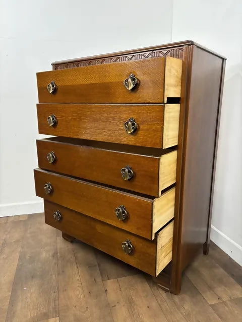 Vintage 'Lebus' Oak Five Drawer Bedroom Chest