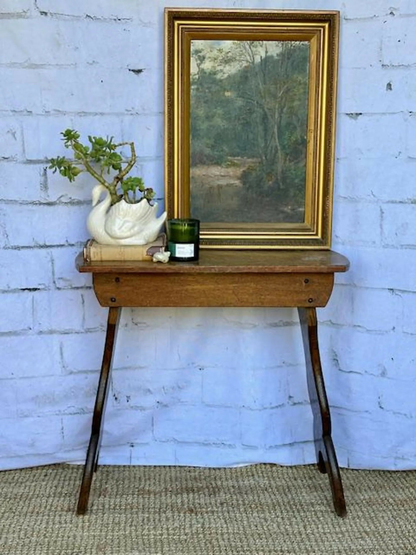 Antique Oak Stool | Rustic Oak Side Table | Vintage Lamp Table | Primitive Wooden Stool