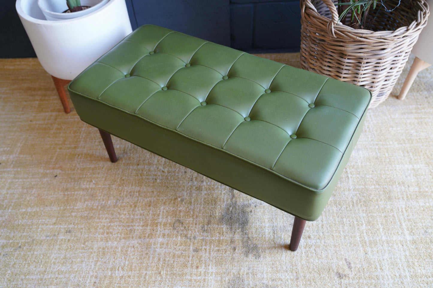 Mid Century Modern Olive Green Vinyl Bench Stool With Tapered Legs