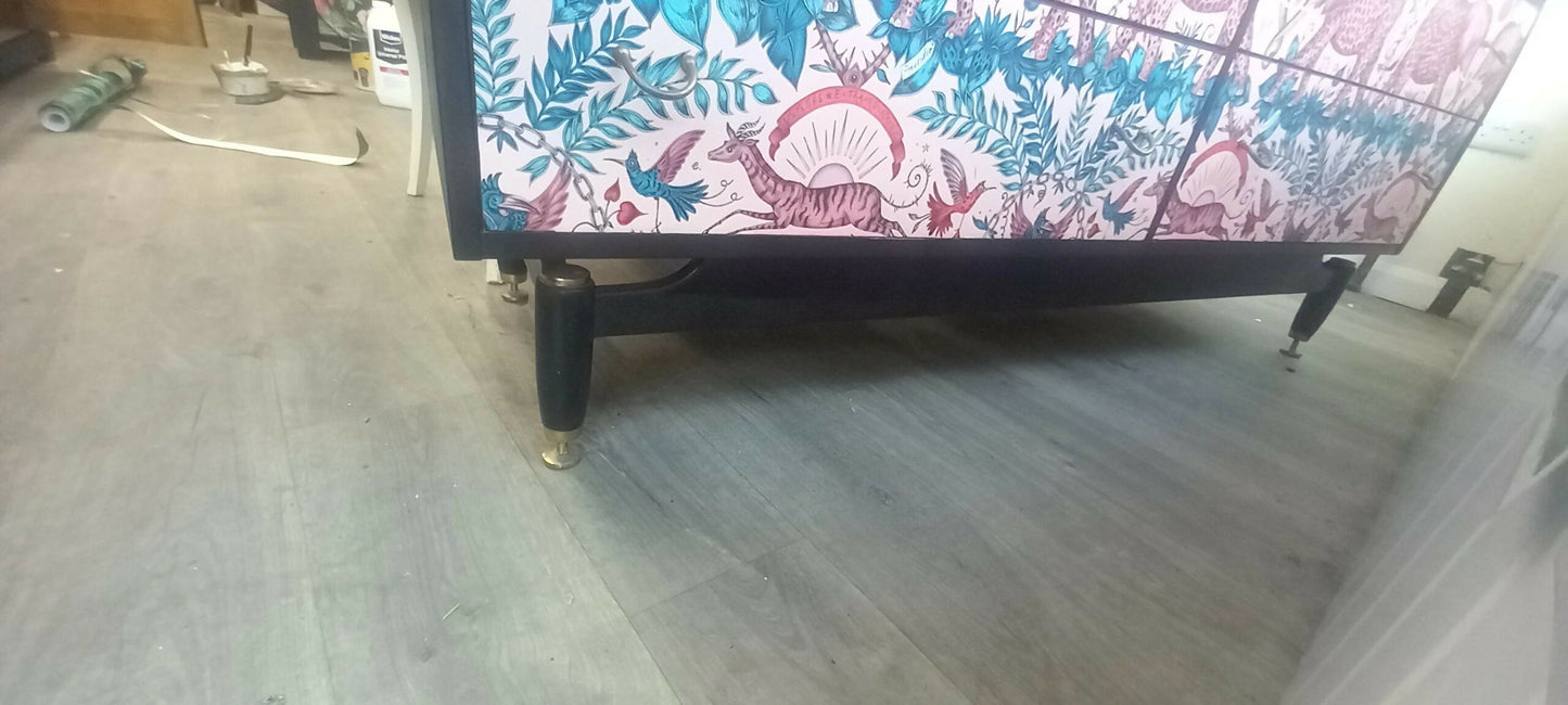 Gplan Midcentury Chest Of Drawers. Upcycled Painted Black Pink Animal Print