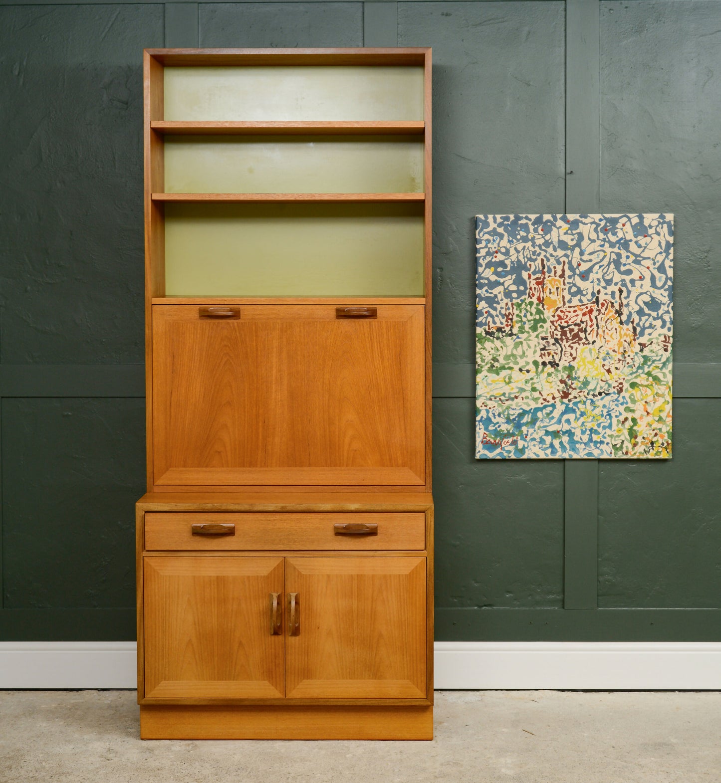 G Plan Sierra Wall Unit with Drinks Cabinet and Green Backboard