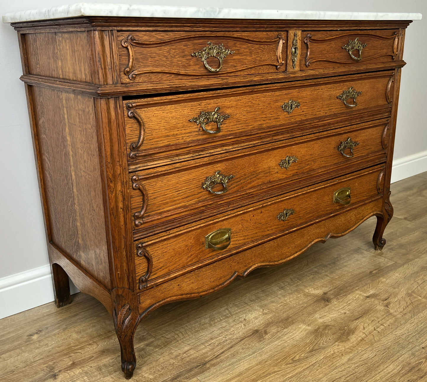 Chest of Drawers Antique French Oak Marble Top 5 Drawers Carved Cabinet LOT 6279
