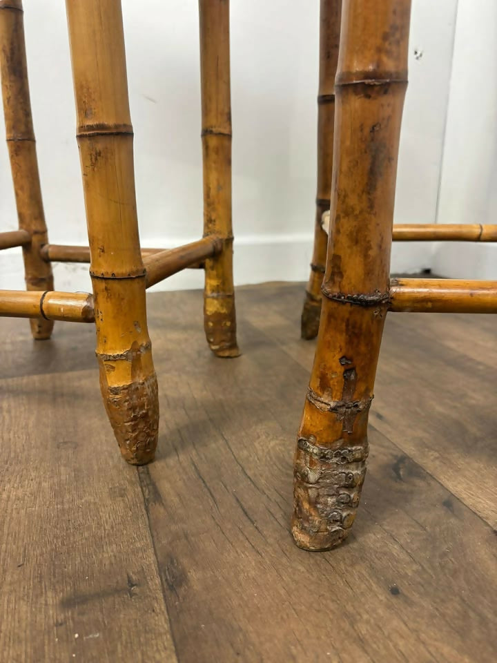 Pair of Vintage French Bamboo Side Tables with Hand-Painted Rose Detail